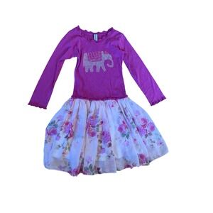 Mignone pink elephant rhinestone embellished long sleeve floral youth dress